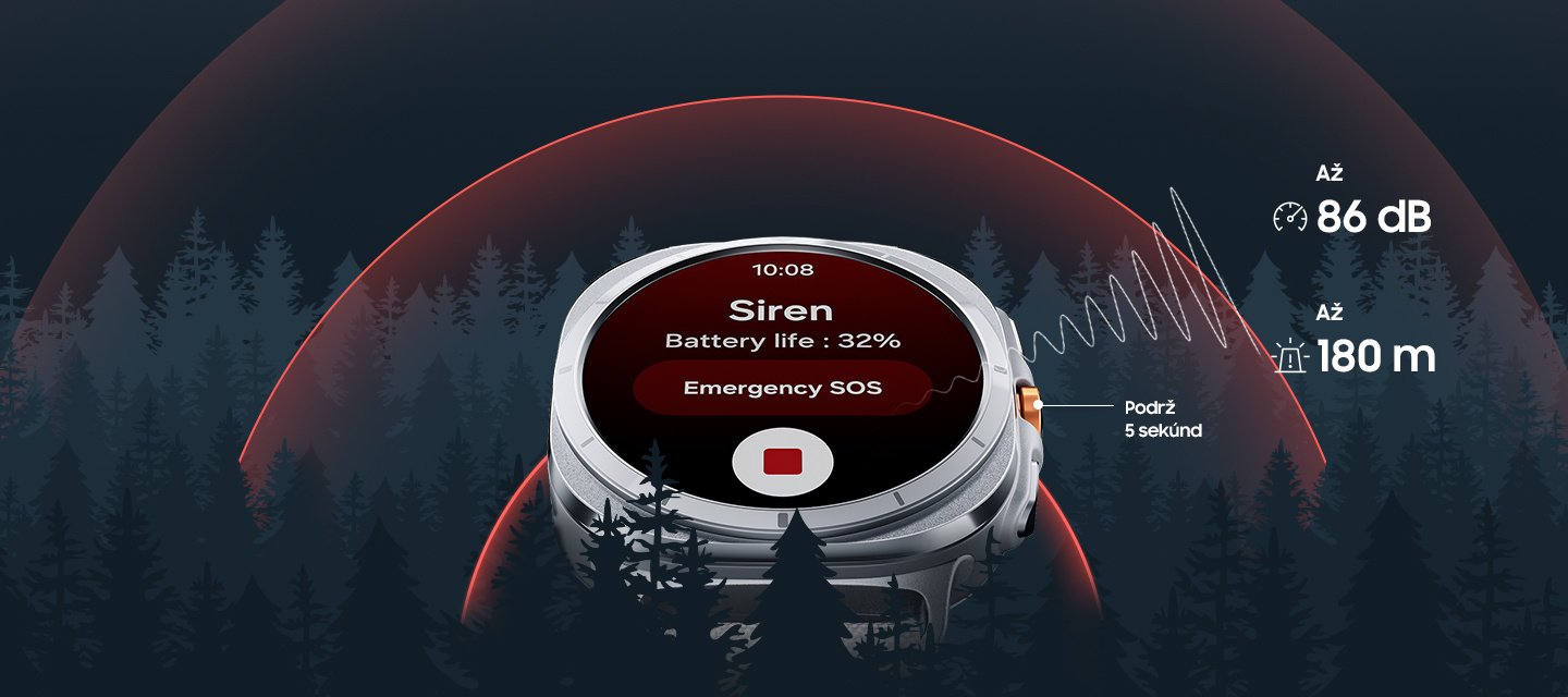 Na displeji hodiniek Galaxy Watch Ultra sa zobrazuje funkcia sirény s textom: „Núdzové SOS“. Zvuková vlna sa šíri lesom. Zobrazuje sa text: „Až 86 dB“, „Až 180 m“, „Podrž 5 sekúnd“.