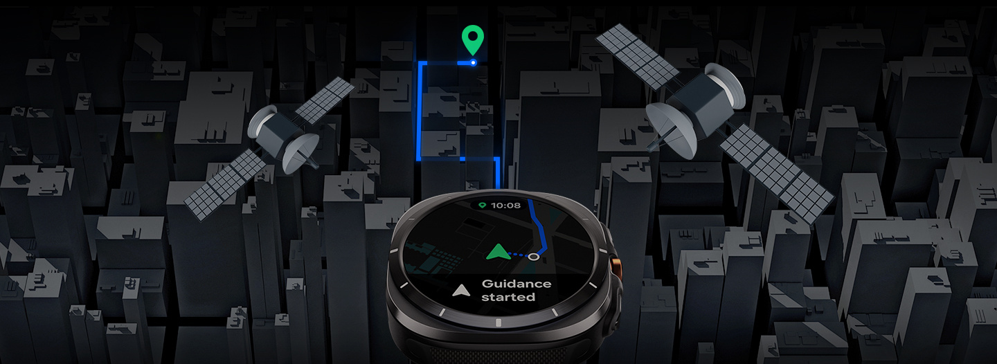 Na hodinkách Galaxy Watch Ultra sa zobrazuje navigácia na mape s textom „Navigácia spustená“. Smerová čiara vedie z obrazovky smerom k cieľu cez hustú mestskú zástavbu. Viditeľné sú dva satelity, čo zdôrazňuje podporu duálnych frekvenčných pásiem.