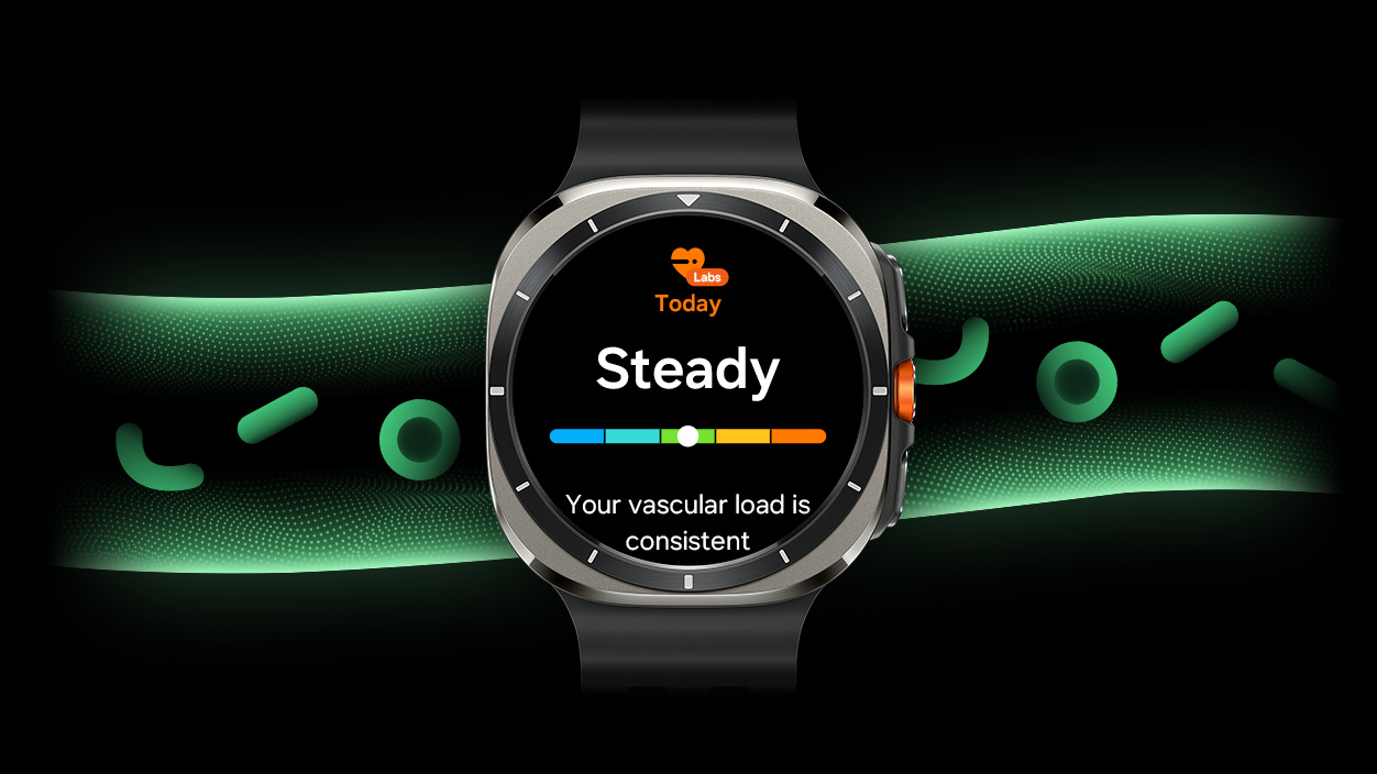 Zobrazuje sa cieva s plávajúcimi krvinkami. V jej strede sa zobrazuje displej hodiniek Galaxy Watch Ultra s údajmi funkcie Cievna záťaž. Hore vidíme ikonu Labs, texty: Dnes, Stabilné a stĺpcový graf, ktorý naznačuje normálne cievne zaťaženie. Zobrazuje sa text: Vaša cievna záťaž je stabilná.