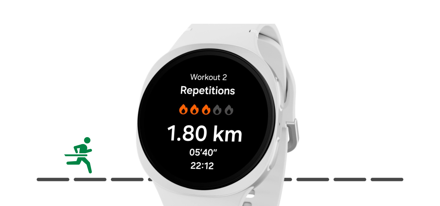Na displeji hodiniek Galaxy Watch8 sa zobrazuje funkcia Bežecký tréner s textom Cvičenie 2. set. 1,8 km, 05'40