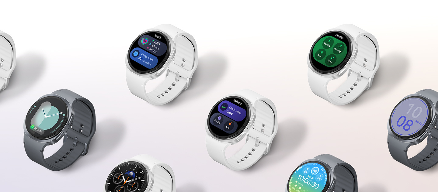 Hodinky Galaxy Watch8 zobrazujú rôzne obrazovky rozhrania One UI 8, ktoré zahŕňajú Dennú aktivitu, Energy skóre, Mindfulness a ďalšie.