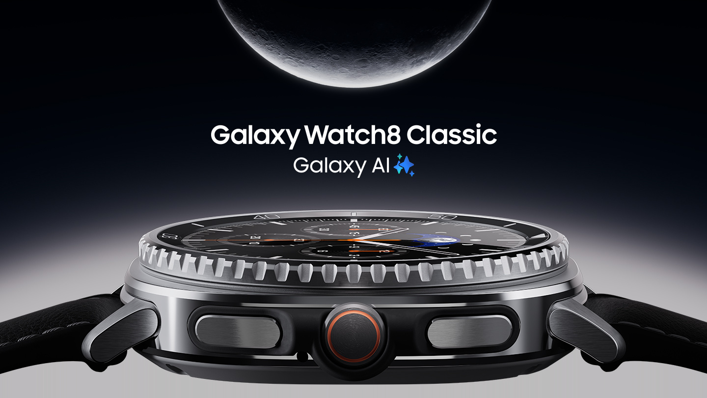 Zobrazené sú hodinky Galaxy Watch8 Classic zblízka. Scéna sa mení. Hodinky sa otočia smerom dopredu s otočnou lunetou. Ciferník pripomína klasické hodinky a ručičky sa pohybujú v tradičnom snere. Scéna sa znova mení. Zariadenie Galaxy Watch8 Classic sa zväčší a zobrazí sa celé s nasadeným Hybridným remienkom.