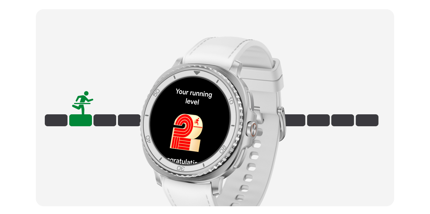 Zobrazené je mierne naklonené zariadenie Galaxy Watch8 Classic s funkciou Bežecký tréner na jednej strane. Na zadnej strane je vidieť ikonu behu, ktorá indikuje pokrok. Zobrazený je text: