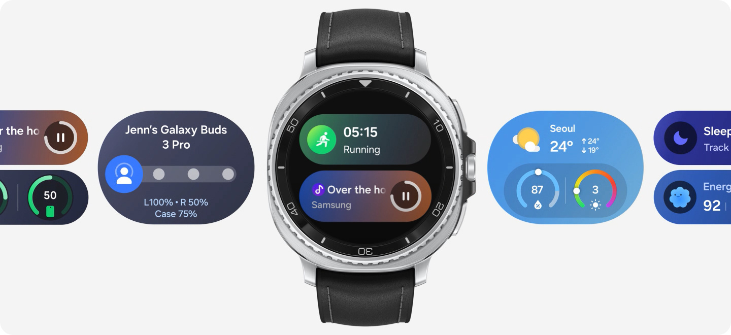Zobrazené sú hodinky Galaxy Watch8 Classic zobrazené v strede, pričom na paneli Now Bar je viditeľný režim spustenia. Na oboch stranách zariadenia Watch sa zobrazujú rôzne widgety: Spánok, Energy skóre, Počasie, Úroveň batérie, Hudba, ovládač slúchadiel Buds. Všetky naznačujú jednoduchý, nový vzhľad používateľského rozhrania One UI a jeho vylepšenú použiteľnosť.